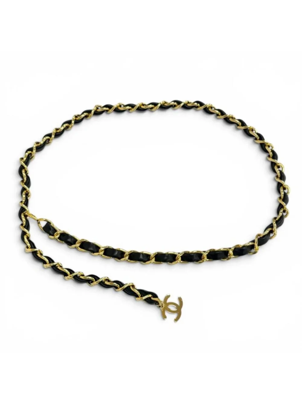 Chanel Vintage Leather Chain Belt with CC Logo Charm Gold Black Recommended